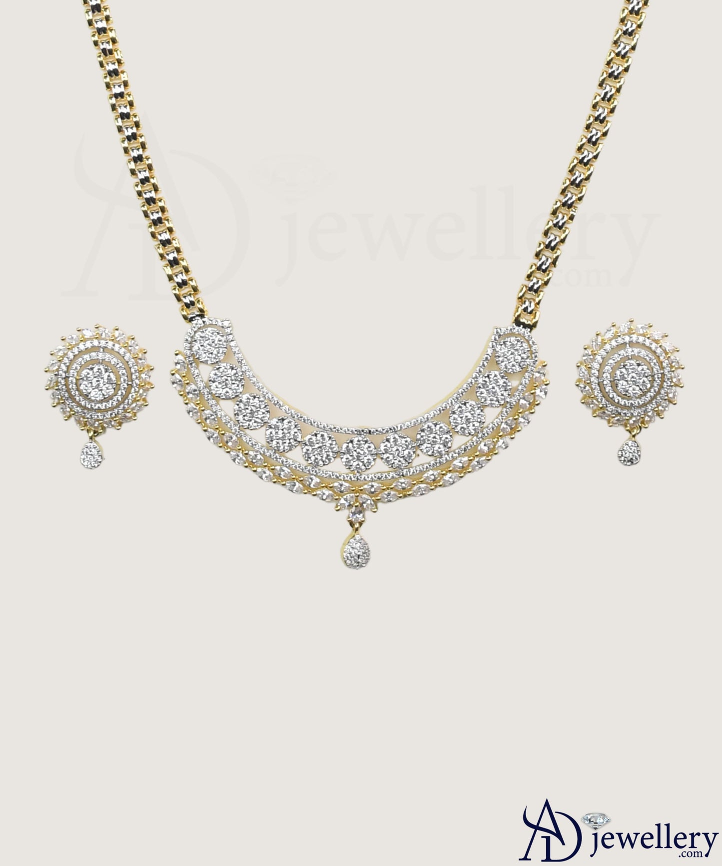 ADjewellery Rhodium Plated CZ (Cubic Zirconia) Crescent Halo Gold-Tone Necklace Set