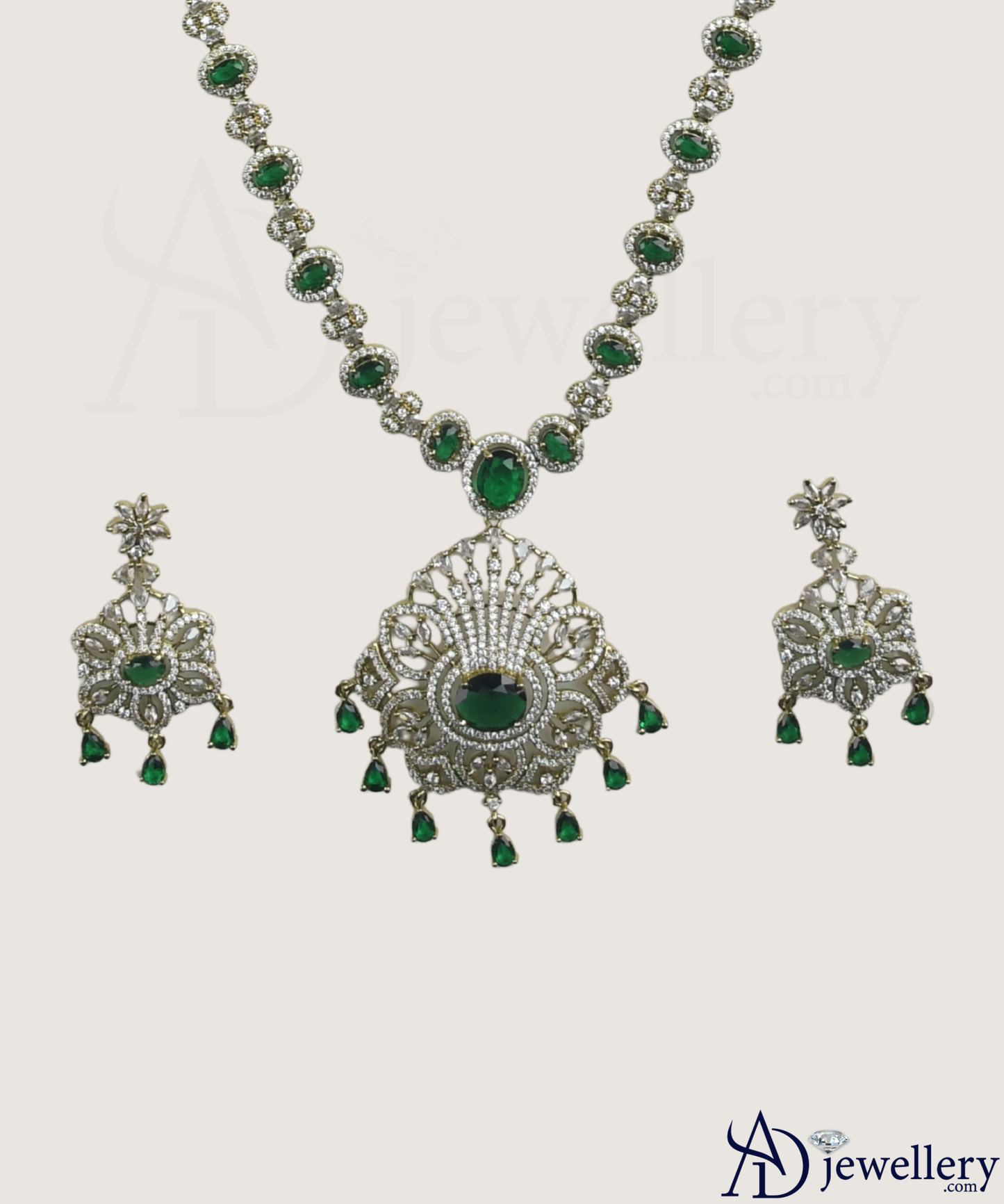 ADjewellery Rhodium Plated CZ (Cubic Zirconia) Maharani Emerald & Diamond Look Long Necklace Set