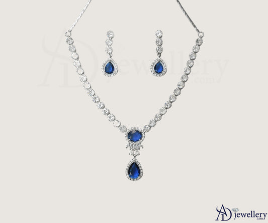 ADjewellery Rhodium Plated CZ (Cubic Zirconia) Royal Sapphire Teardrop Necklace Set