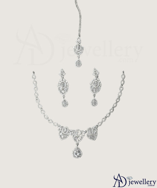 ADjewellery Rhodium Plated CZ (Cubic Zirconia) Royal Bloom Bridal Choker Set with Tikka