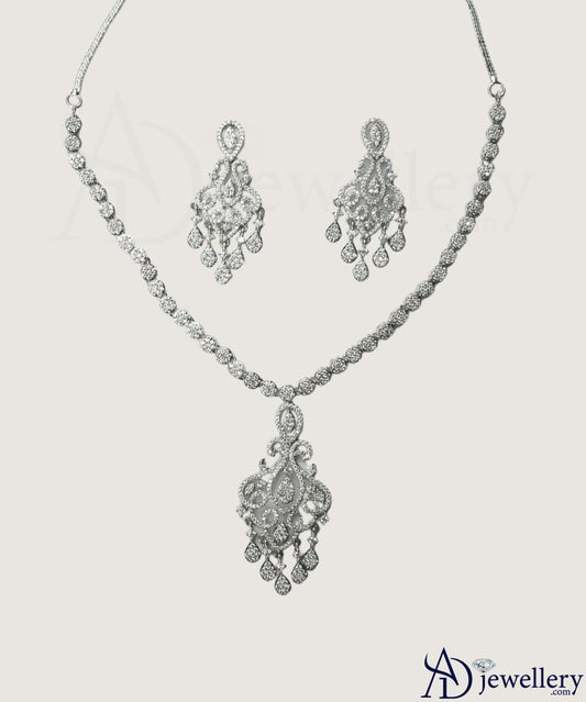 ADjewellery Rhodium Plated CZ (Cubic Zirconia) Grand Chandelier Ornate Pave Necklace Set