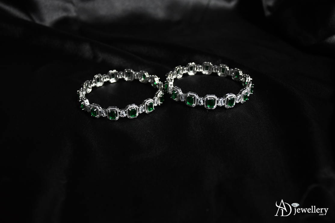 ADjewellery Rhodium Plated CZ (Cubic Zirconia) Verona Emerald Line Bangle Set