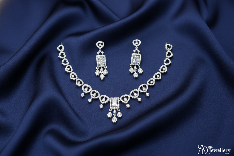 ADjewellery Rhodium Plated CZ (Cubic Zirconia) Victorian Elegance Halo-Set Chandelier Necklace Set