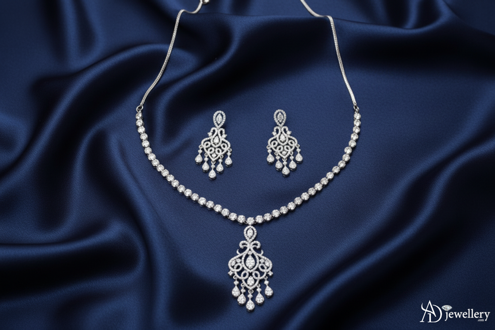 ADjewellery Rhodium Plated CZ (Cubic Zirconia) Grand Chandelier Ornate Pave Necklace Set