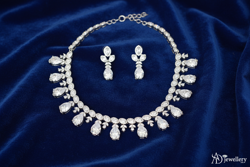 ADjewellery Rhodium Plated CZ (Cubic Zirconia) Grand Duchess Waterfall Teardrop Bridal Choker Set