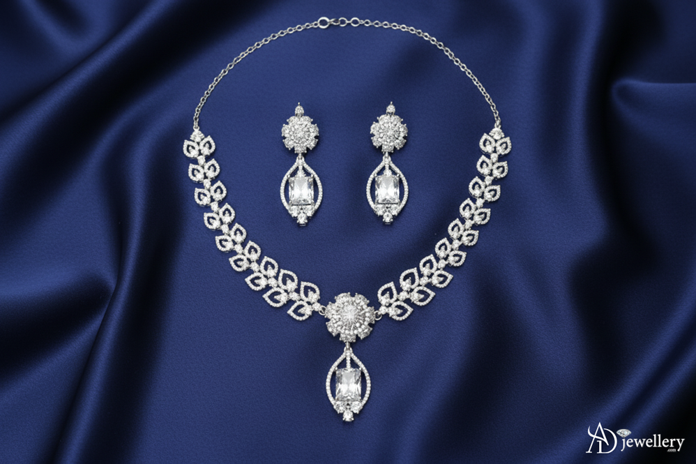 ADjewellery Rhodium Plated CZ (Cubic Zirconia) Crystal Vine Floral & Solitaire Necklace Set