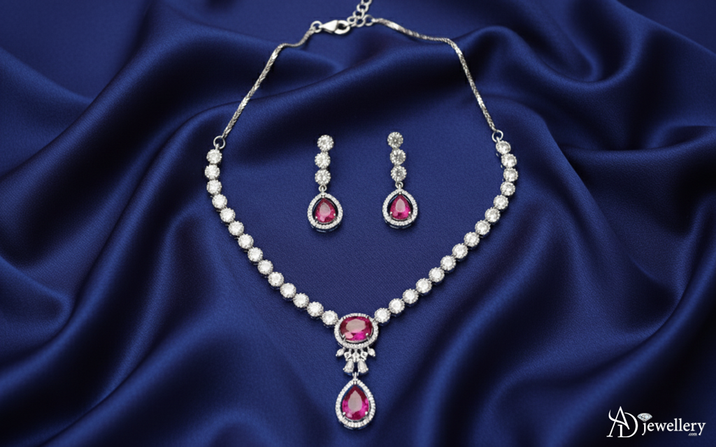 ADjewellery Rhodium Plated CZ (Cubic Zirconia) Royal Ruby Teardrop Pink Necklace Set