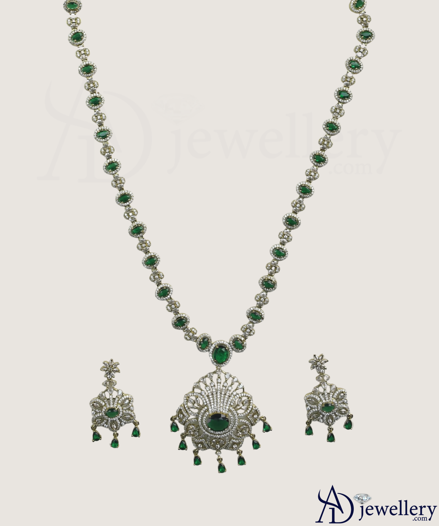 ADjewellery Rhodium Plated CZ (Cubic Zirconia) Maharani Emerald & Diamond Look Long Necklace Set