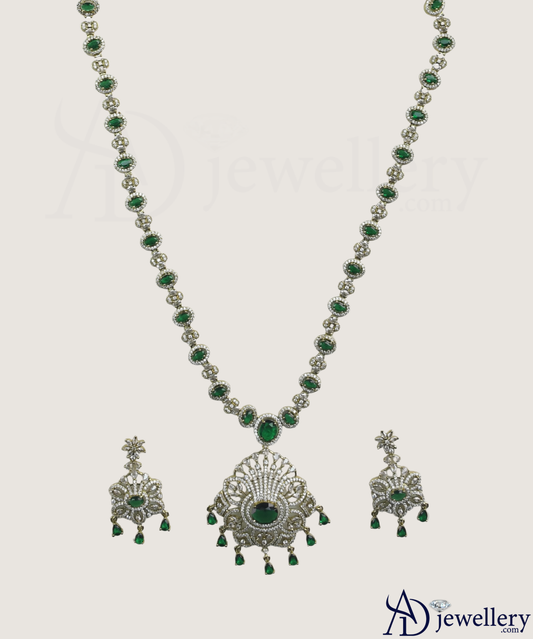ADjewellery Rhodium Plated CZ (Cubic Zirconia) Maharani Emerald & Diamond Look Long Necklace Set