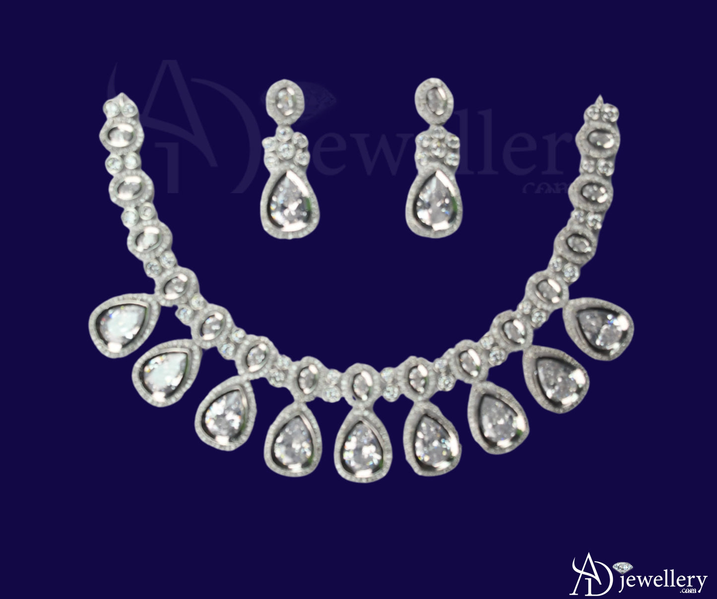 ADjewellery Rhodium Plated CZ (Cubic Zirconia) Teardrop American Diamond Bridal Necklace Set