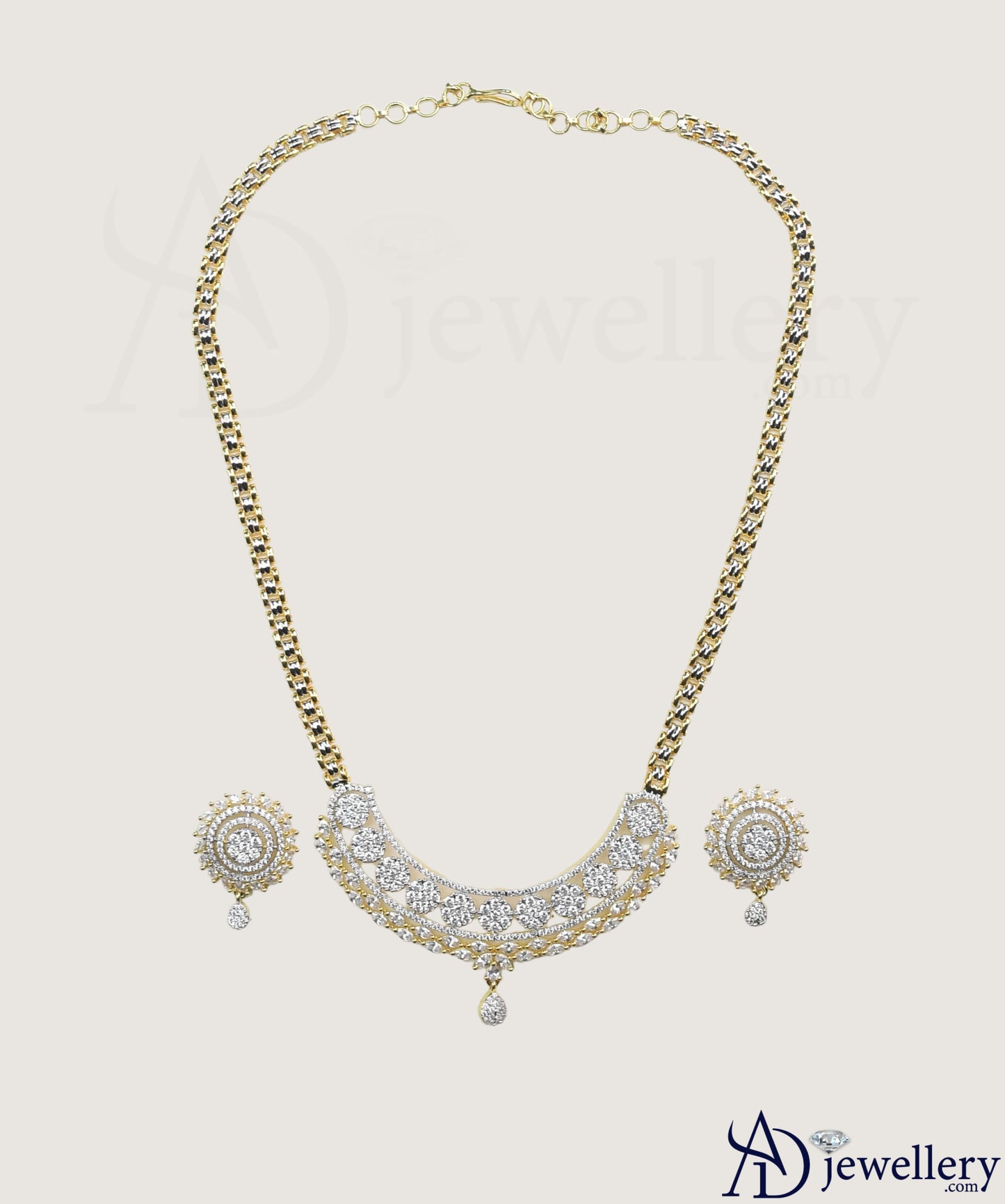 ADjewellery Rhodium Plated CZ (Cubic Zirconia) Crescent Halo Gold-Tone Necklace Set