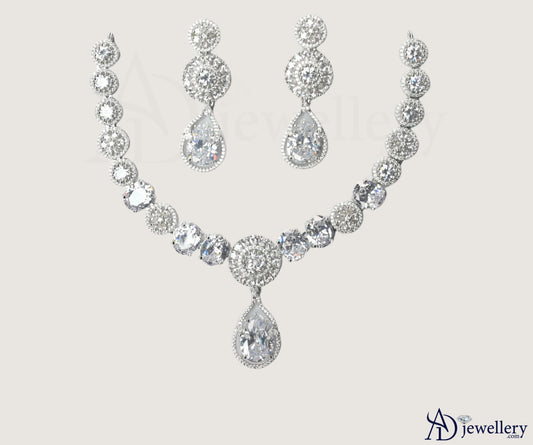 ADjewellery Rhodium Plated CZ (Cubic Zirconia) Classic Halo & Teardrop Bridal Statement Necklace Set