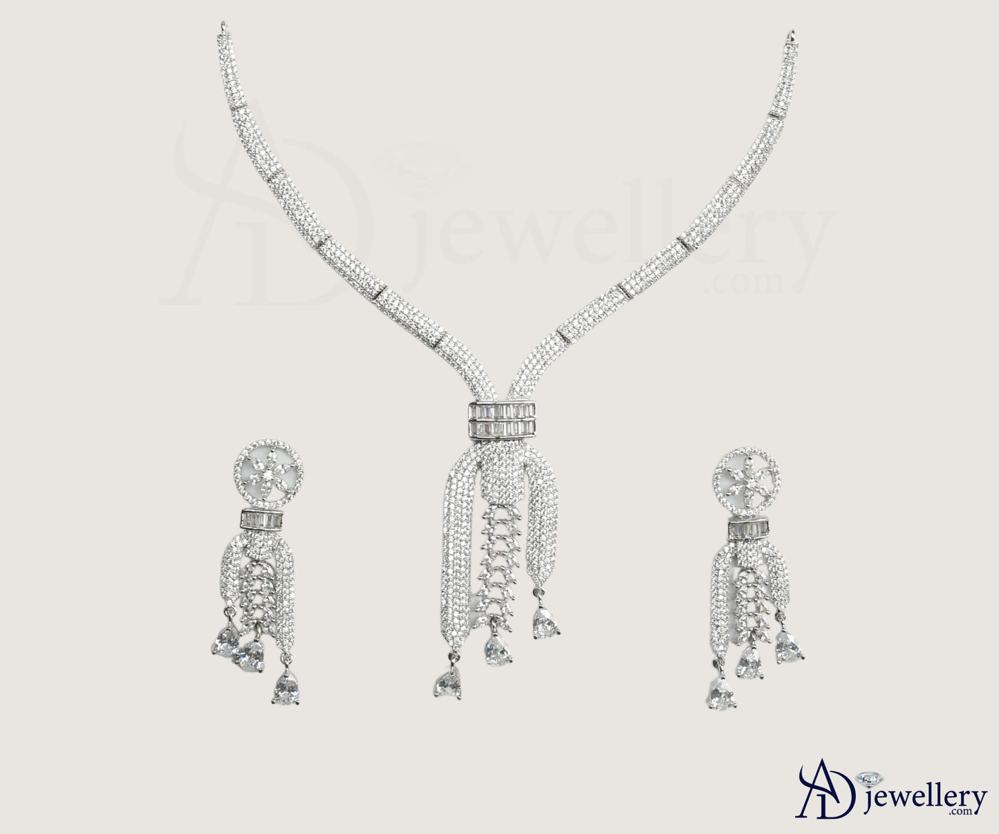 ADjewellery Rhodium Plated CZ (Cubic Zirconia) Waterfall Cascade Pave American Diamond Choker Set