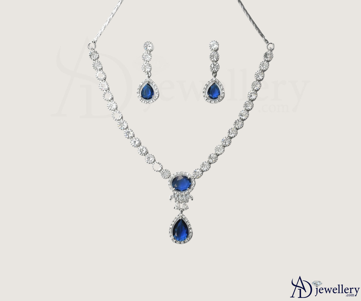 ADjewellery Rhodium Plated CZ (Cubic Zirconia) Royal Sapphire Teardrop Necklace Set