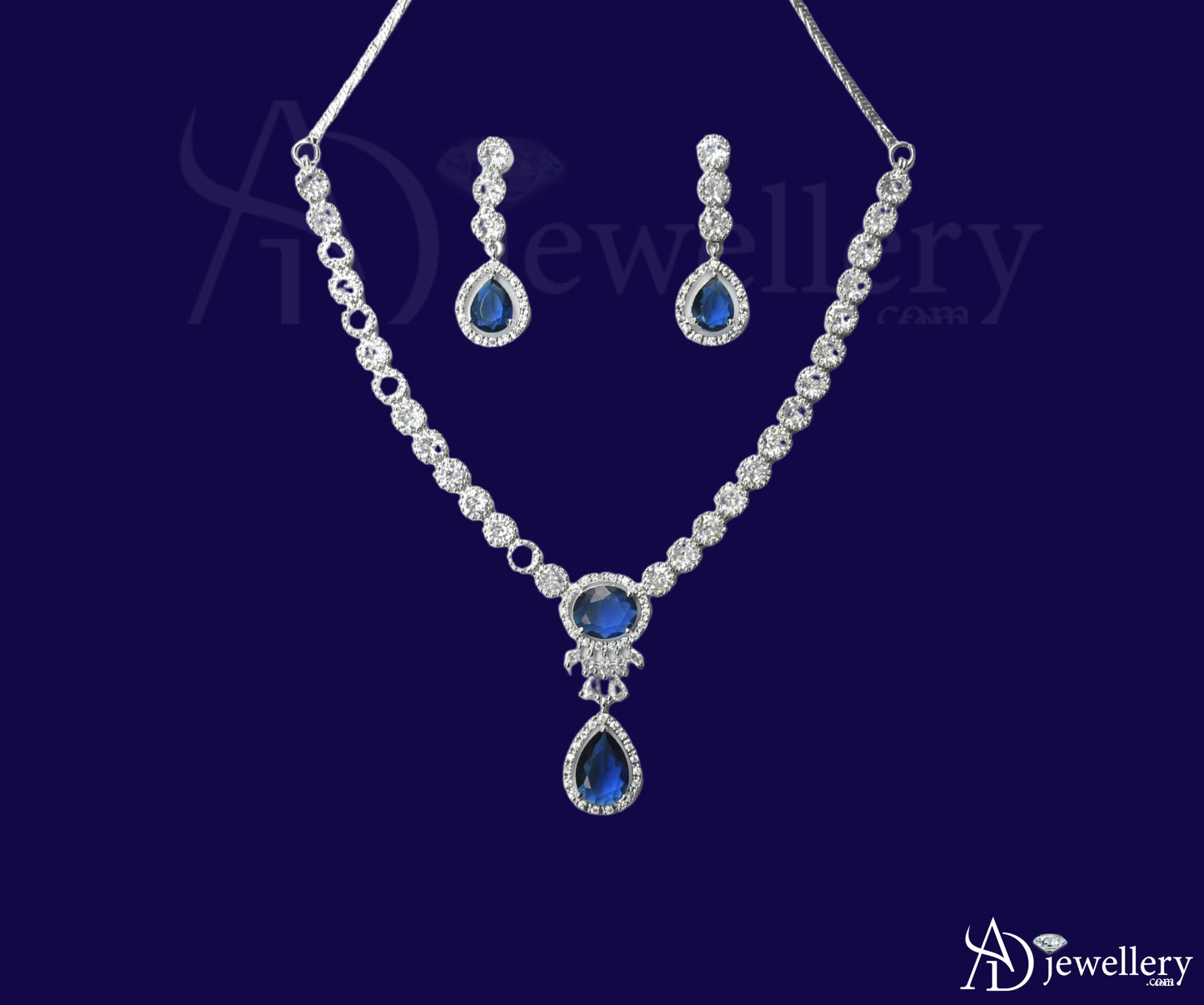 ADjewellery Rhodium Plated CZ (Cubic Zirconia) Royal Sapphire Teardrop Necklace Set