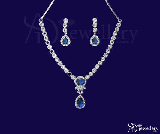 ADjewellery Rhodium Plated CZ (Cubic Zirconia) Royal Sapphire Teardrop Necklace Set