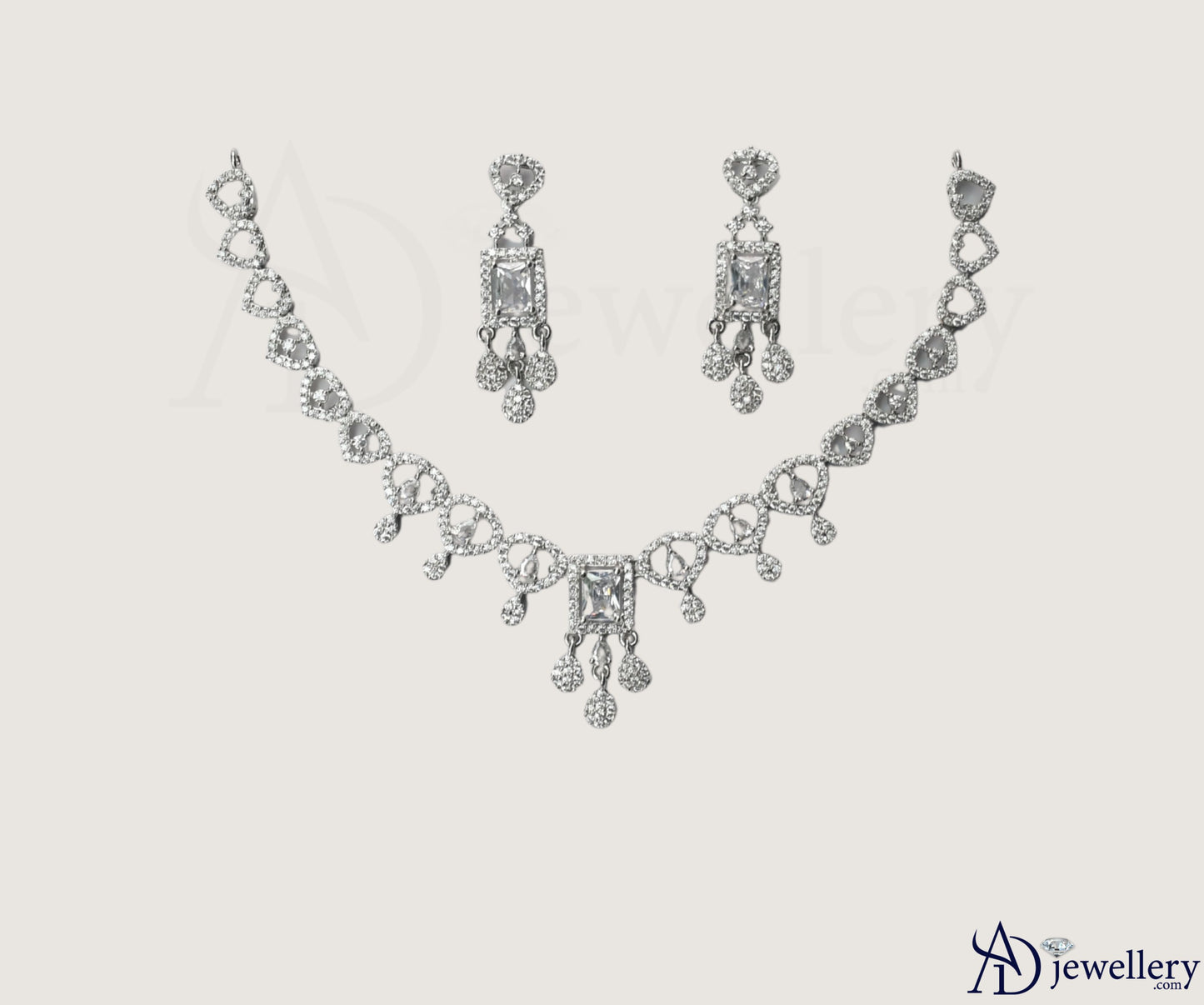 ADjewellery Rhodium Plated CZ (Cubic Zirconia) Victorian Elegance Halo-Set Chandelier Necklace Set