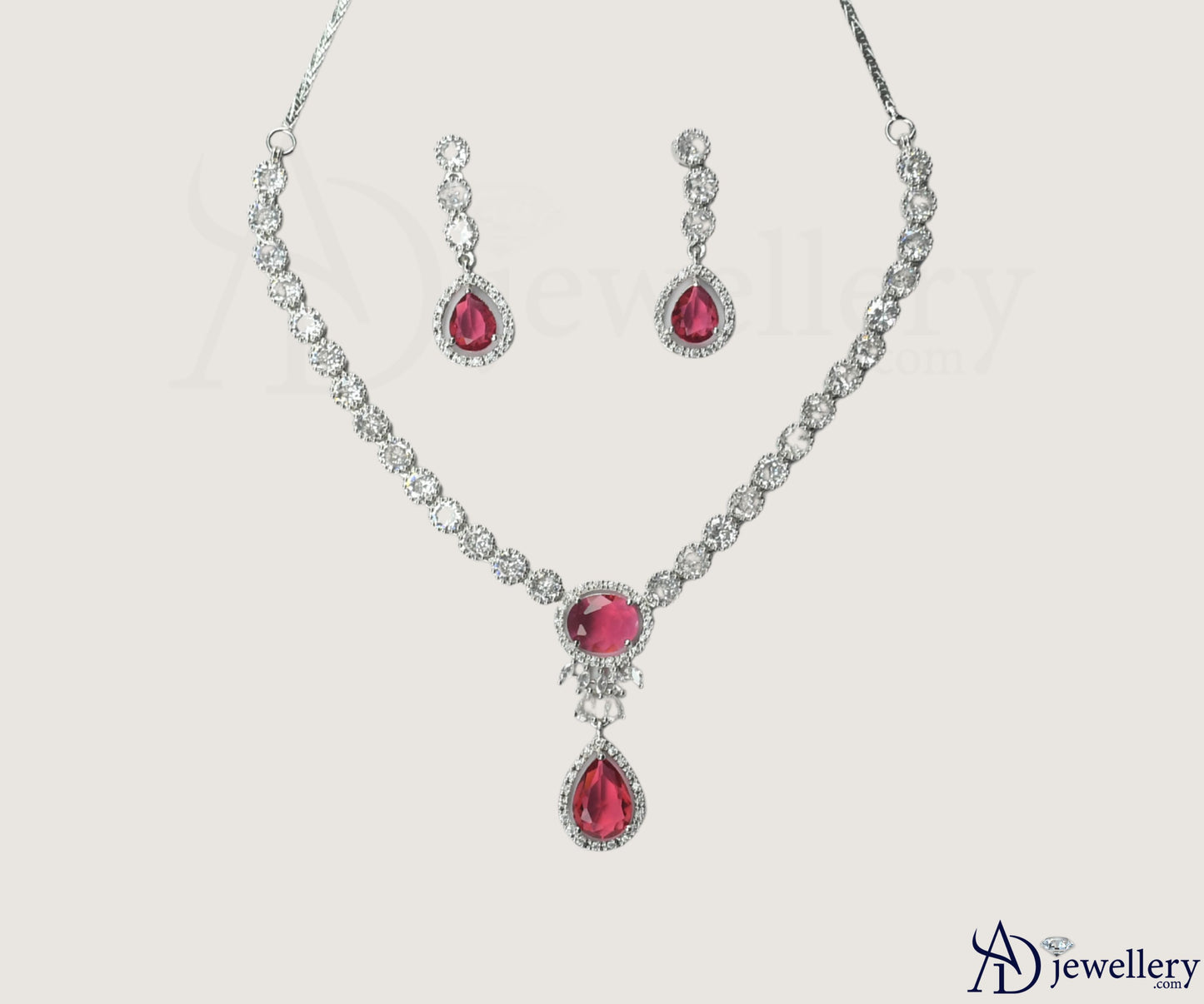 ADjewellery Rhodium Plated CZ (Cubic Zirconia) Royal Ruby Teardrop Pink Necklace Set
