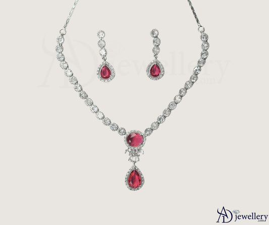ADjewellery Rhodium Plated CZ (Cubic Zirconia) Royal Ruby Teardrop Pink Necklace Set
