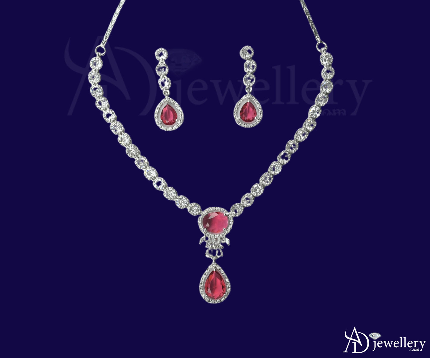 ADjewellery Rhodium Plated CZ (Cubic Zirconia) Royal Ruby Teardrop Pink Necklace Set