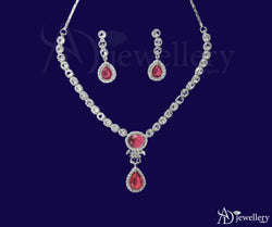 ADjewellery Rhodium Plated CZ (Cubic Zirconia) Royal Ruby Teardrop Pink Necklace Set
