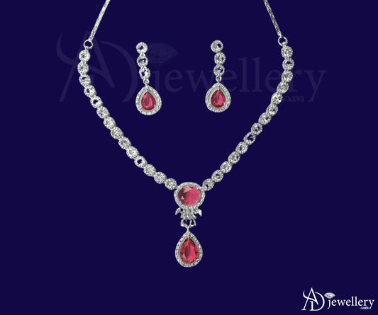 ADjewellery Rhodium Plated CZ (Cubic Zirconia) Royal Ruby Teardrop Pink Necklace Set