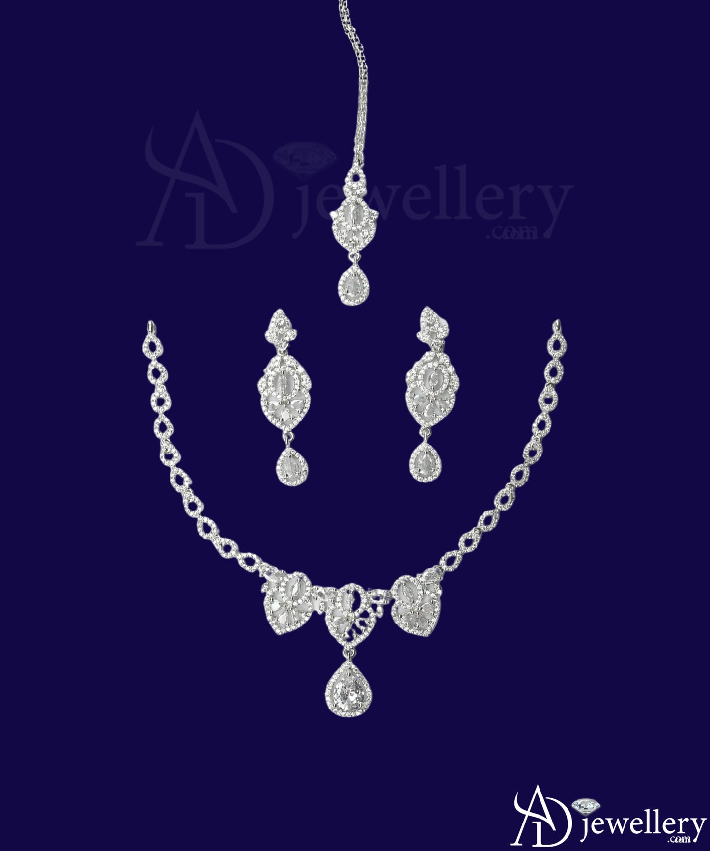 ADjewellery Rhodium Plated CZ (Cubic Zirconia) Royal Bloom  Bridal Choker Set with Tikka