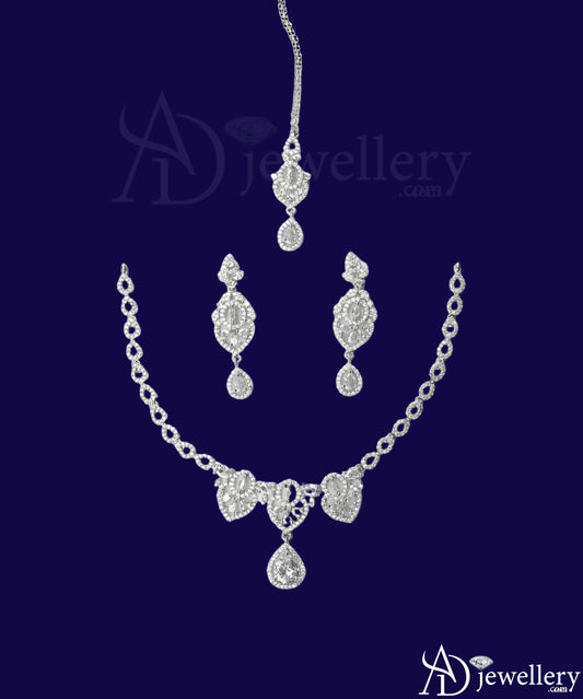 ADjewellery Rhodium Plated CZ (Cubic Zirconia) Royal Bloom  Bridal Choker Set with Tikka