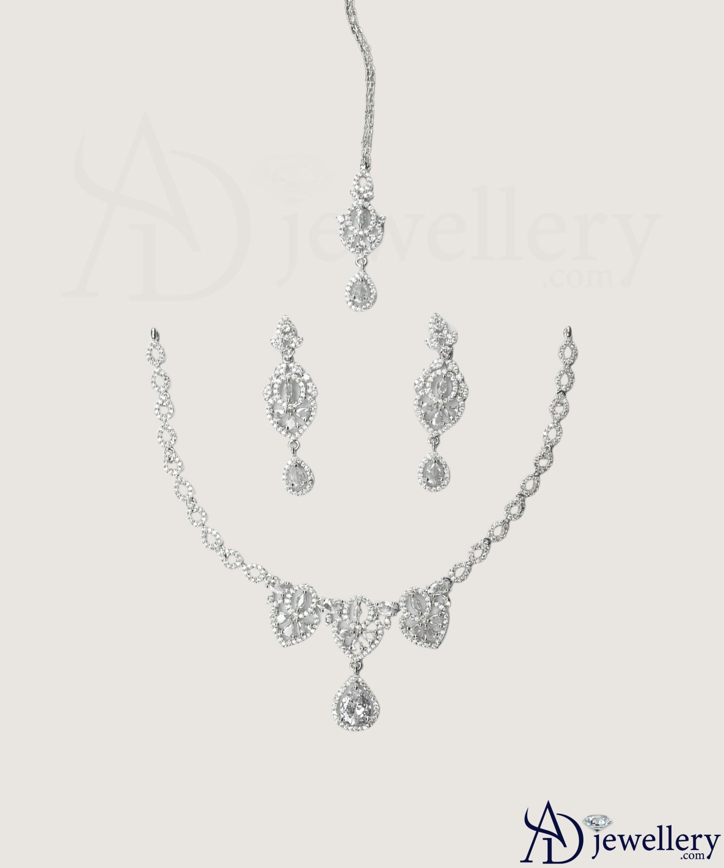 ADjewellery Rhodium Plated CZ (Cubic Zirconia) Royal Bloom  Bridal Choker Set with Tikka