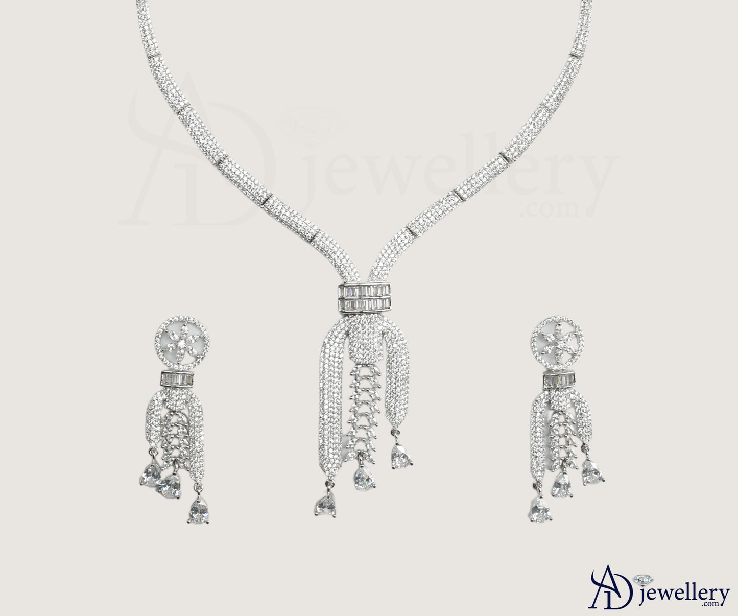 ADjewellery Rhodium Plated CZ (Cubic Zirconia) Waterfall Cascade Pave American Diamond Choker Set