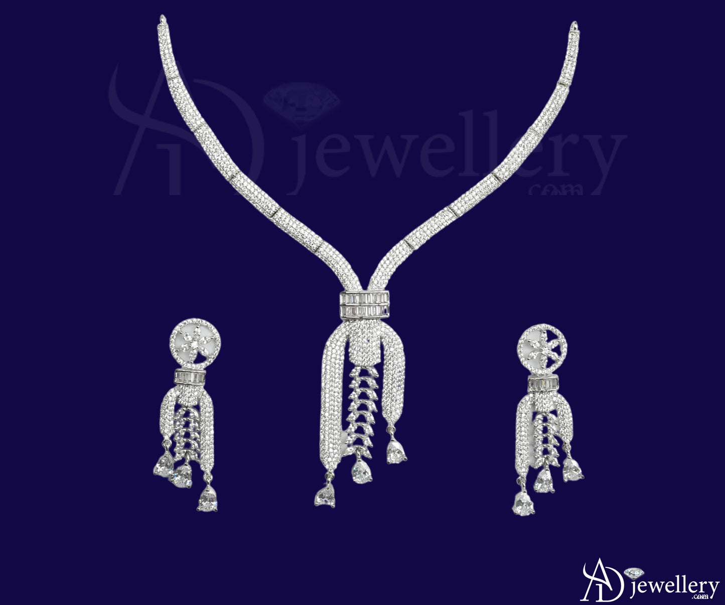 ADjewellery Rhodium Plated CZ (Cubic Zirconia) Waterfall Cascade Pave American Diamond Choker Set