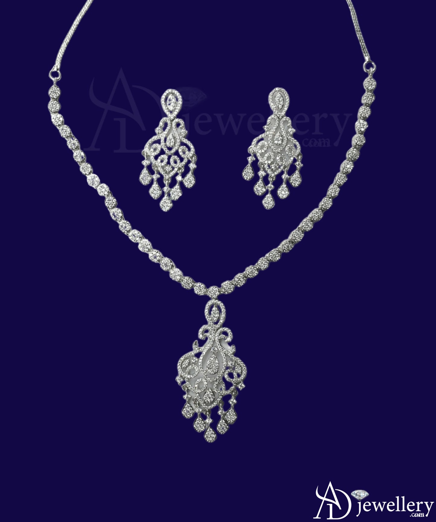 ADjewellery Rhodium Plated CZ (Cubic Zirconia) Grand Chandelier Ornate Pave Necklace Set