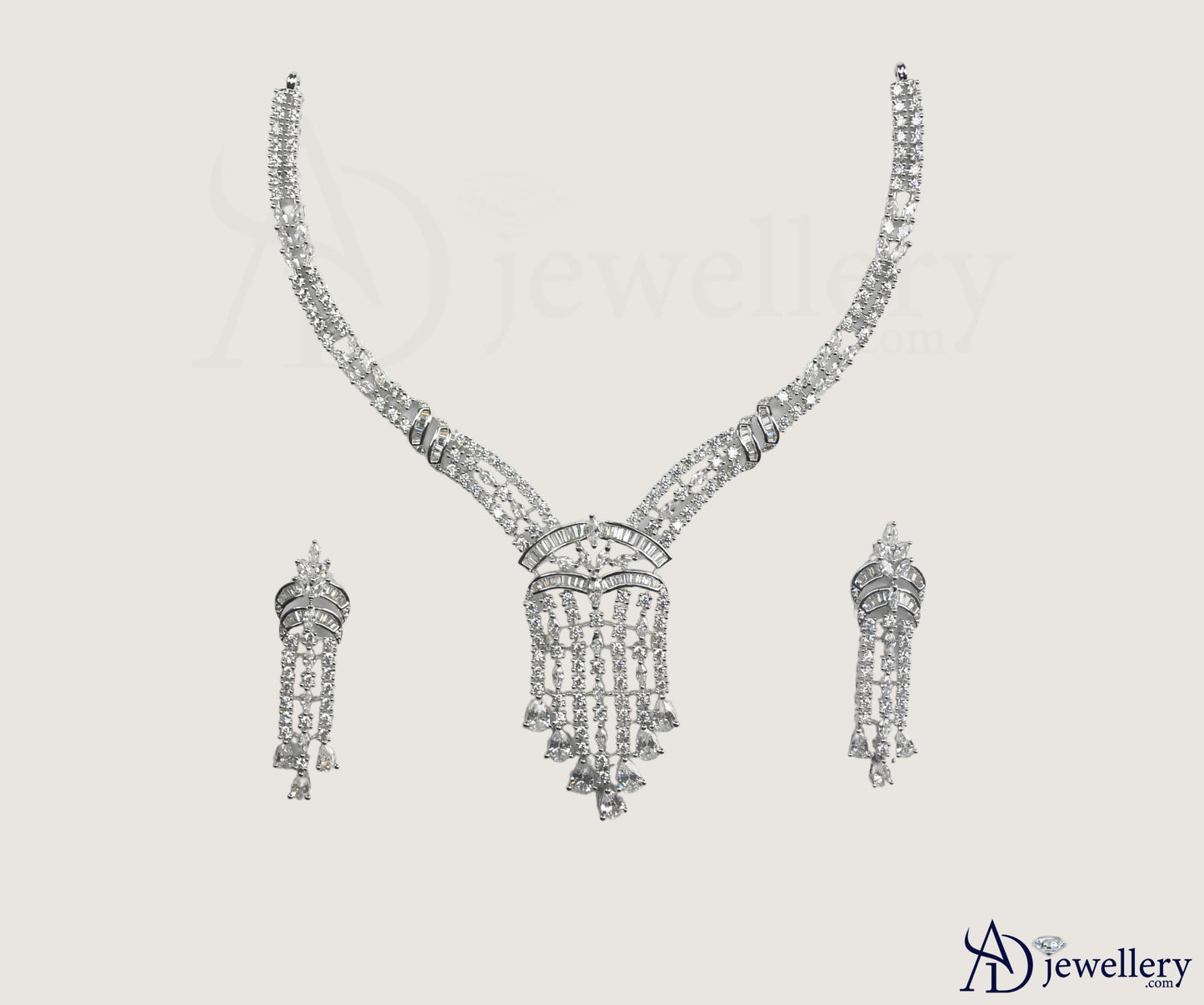 ADjewellery Rhodium Plated CZ (Cubic Zirconia) Majestic Tassel Baguette Choker with earing Set