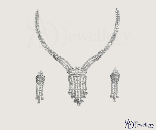 ADjewellery Rhodium Plated CZ (Cubic Zirconia) Majestic Tassel Baguette Choker with earing Set