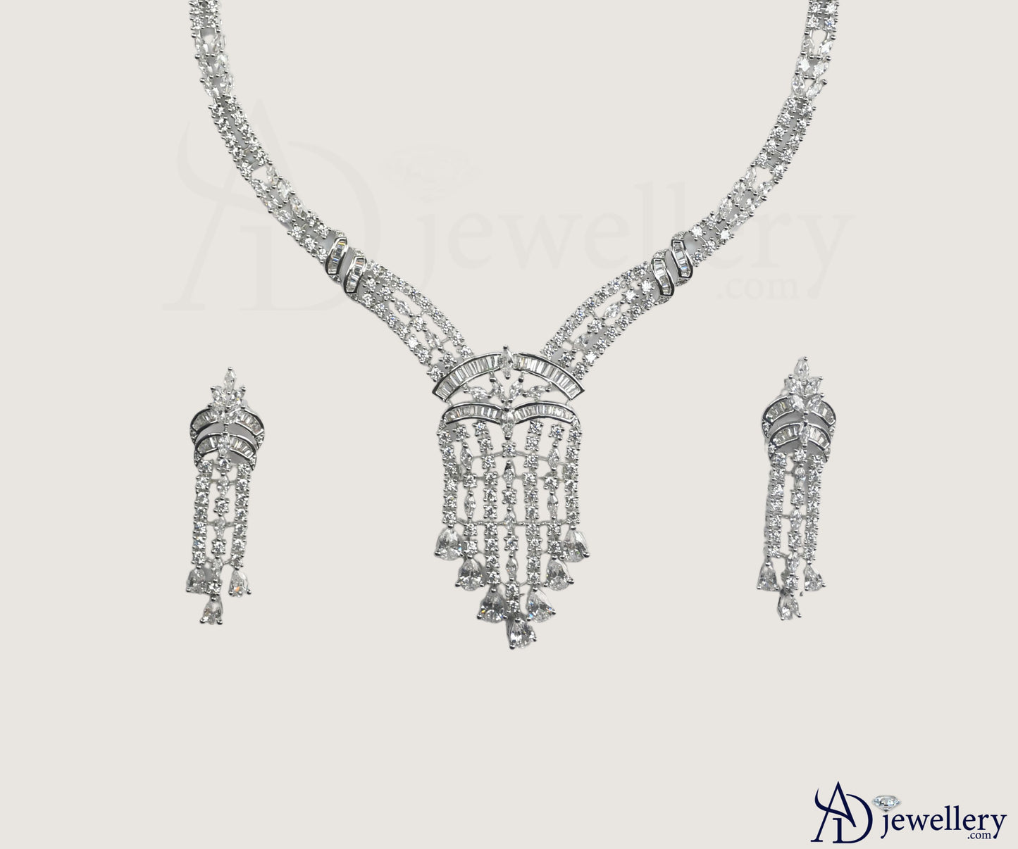 ADjewellery Rhodium Plated CZ (Cubic Zirconia) Majestic Tassel Baguette Choker with earing Set