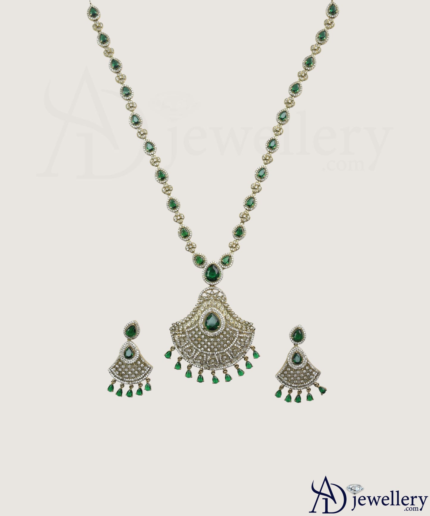 ADjewellery Rhodium Plated CZ (Cubic Zirconia) Emerald Elegance Diamond Necklace Set