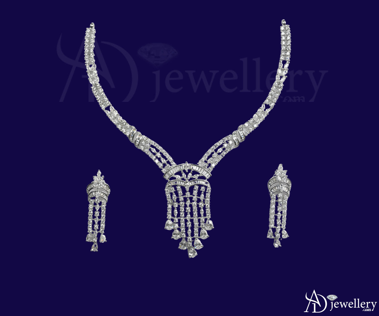 ADjewellery Rhodium Plated CZ (Cubic Zirconia) Majestic Tassel Baguette Choker with earing Set