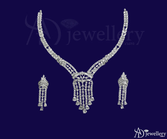 ADjewellery Rhodium Plated CZ (Cubic Zirconia) Majestic Tassel Baguette Choker with earing Set