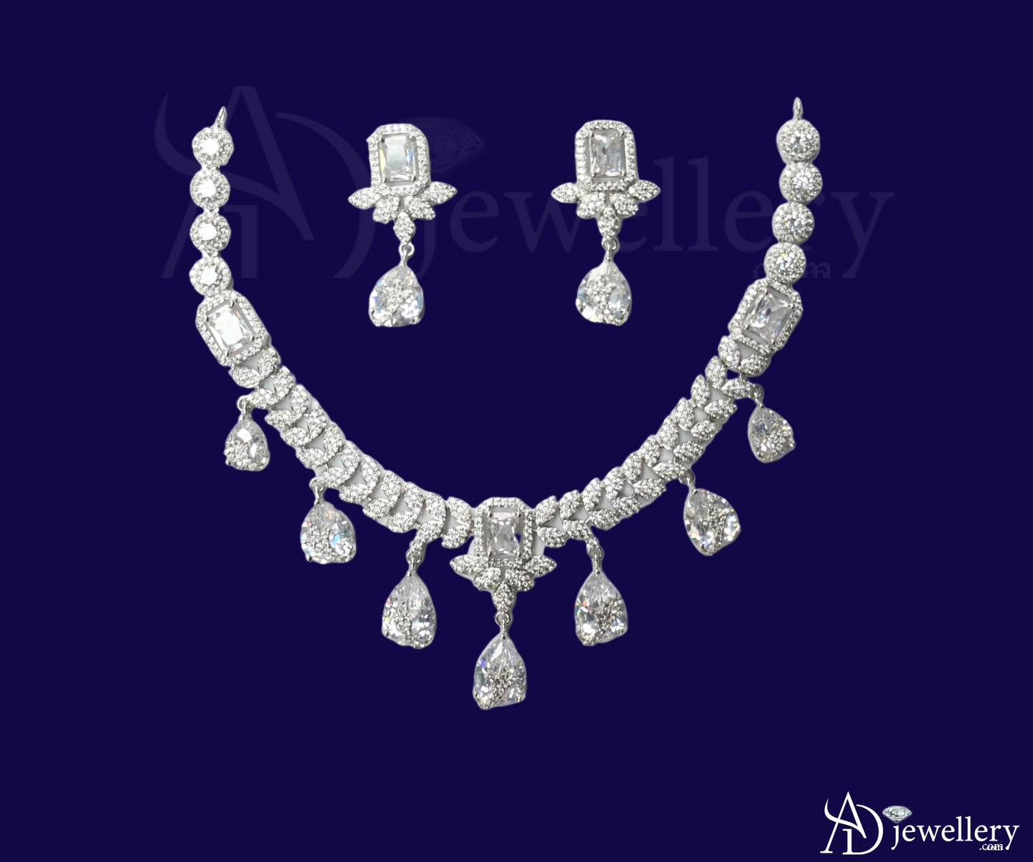 ADjewellery Rhodium Plated CZ (Cubic Zirconia) Regent's Radiance Emerald-Cut & Teardrop Necklace Set