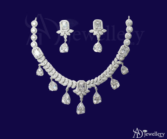 ADjewellery Rhodium Plated CZ (Cubic Zirconia) Regent's Radiance Emerald-Cut & Teardrop Necklace Set
