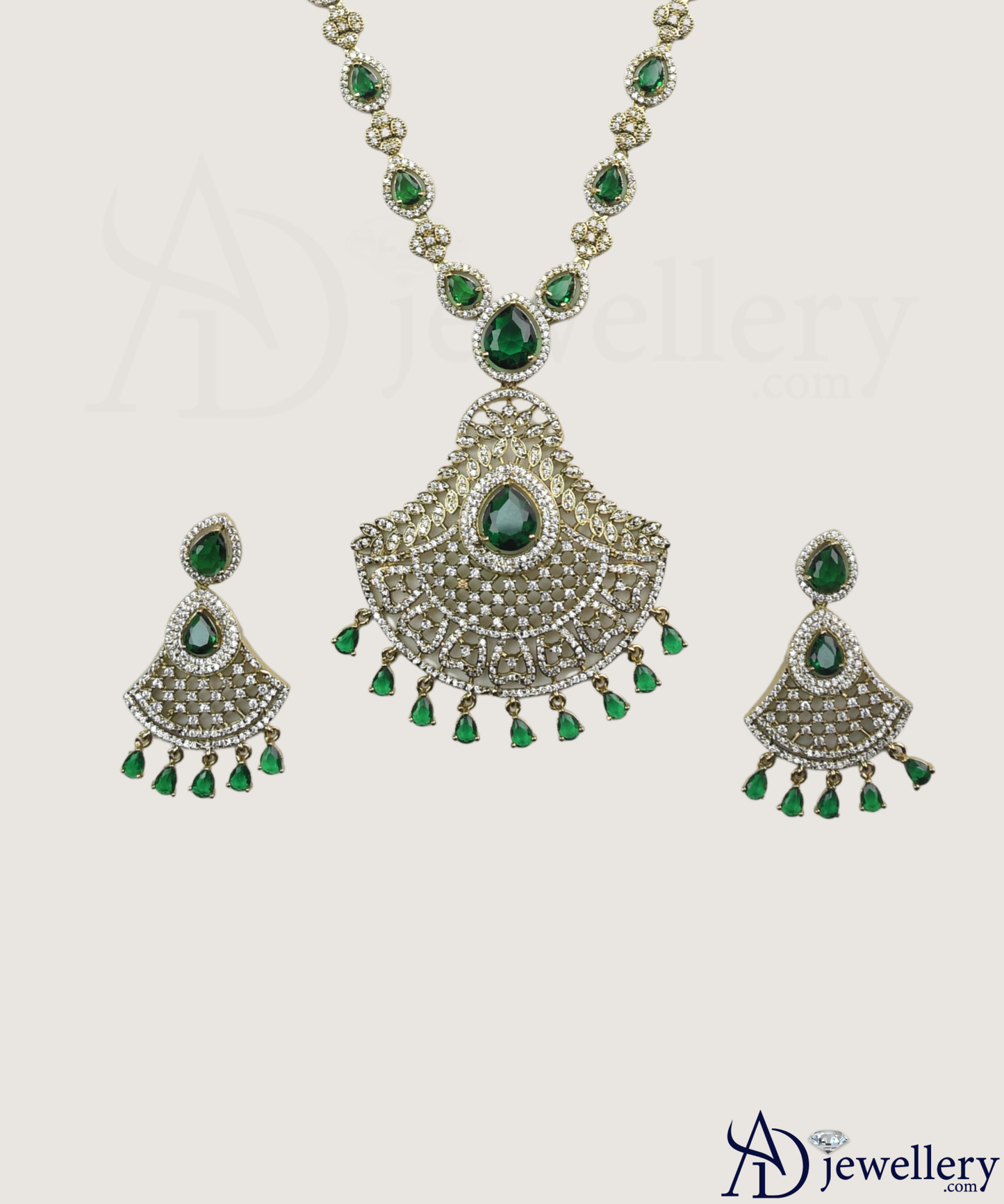 ADjewellery Rhodium Plated CZ (Cubic Zirconia) Emerald Elegance Diamond Necklace Set