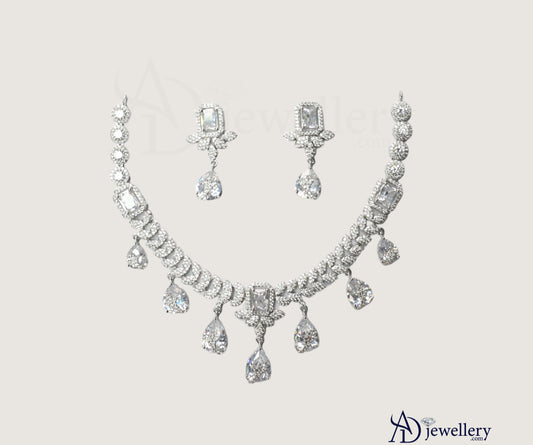 ADjewellery Rhodium Plated CZ (Cubic Zirconia) Regent's Radiance Emerald-Cut & Teardrop Necklace Set