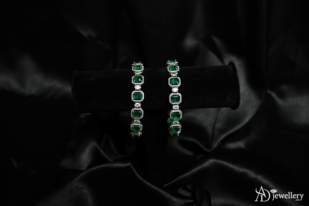 ADjewellery Rhodium Plated CZ (Cubic Zirconia) Verona Emerald Line Bangle Set