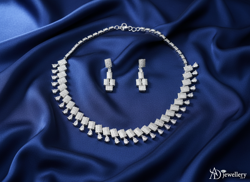 ADjewellery Rhodium Plated CZ (Cubic Zirconia) Architectural Fringe Baguette & Pave Choker Set