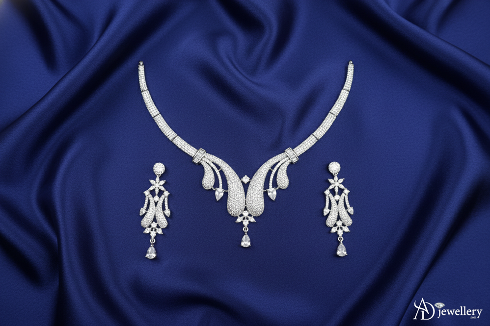 ADjewellery Rhodium Plated CZ (Cubic Zirconia) White Tone Pave Draping Collar Set