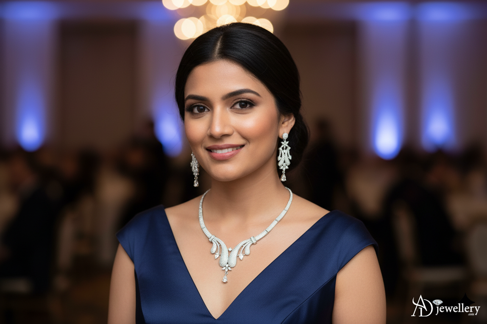 ADjewellery Rhodium Plated CZ (Cubic Zirconia) White Tone Pave Draping Collar Set