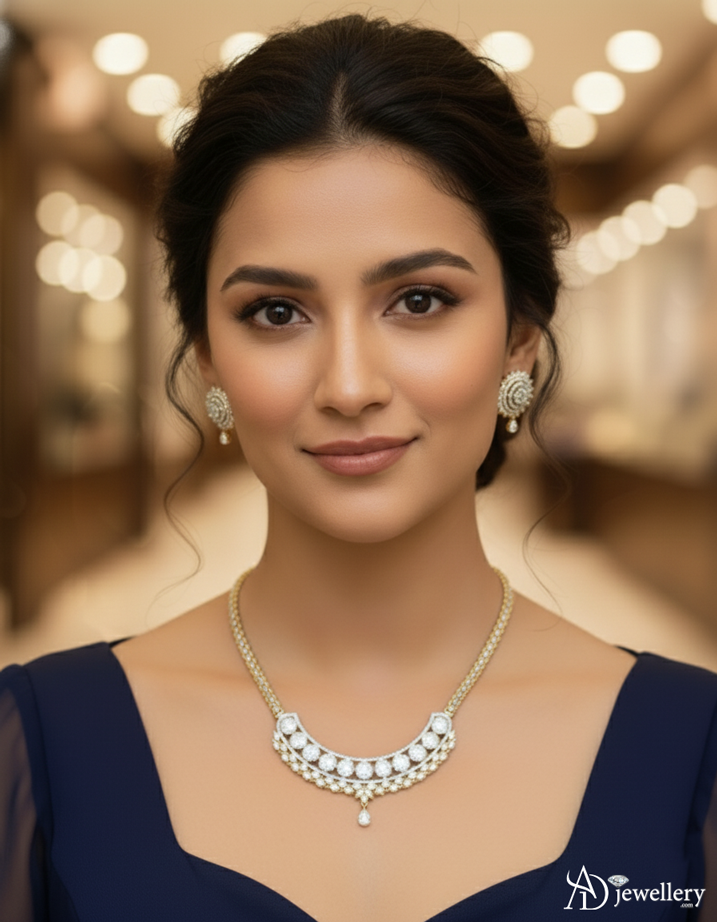 ADjewellery Rhodium Plated CZ (Cubic Zirconia) Crescent Halo Gold-Tone Necklace Set