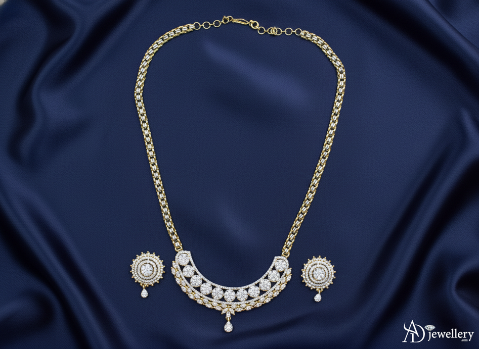 ADjewellery Rhodium Plated CZ (Cubic Zirconia) Crescent Halo Gold-Tone Necklace Set