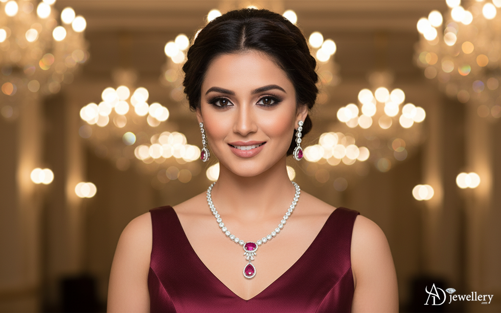 ADjewellery Rhodium Plated CZ (Cubic Zirconia) Royal Ruby Teardrop Pink Necklace Set