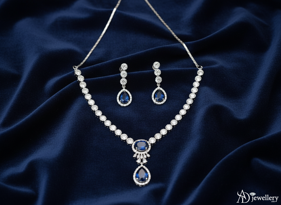 ADjewellery Rhodium Plated CZ (Cubic Zirconia) Royal Sapphire Teardrop Necklace Set